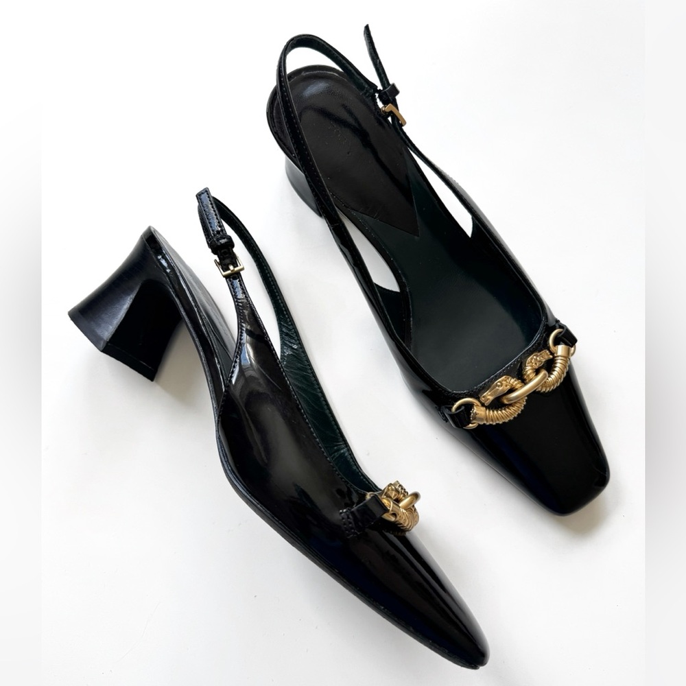 Tory Burch Jessa 55mm Slingback Heels Patent Leather Block Heel Gold Rams Chain